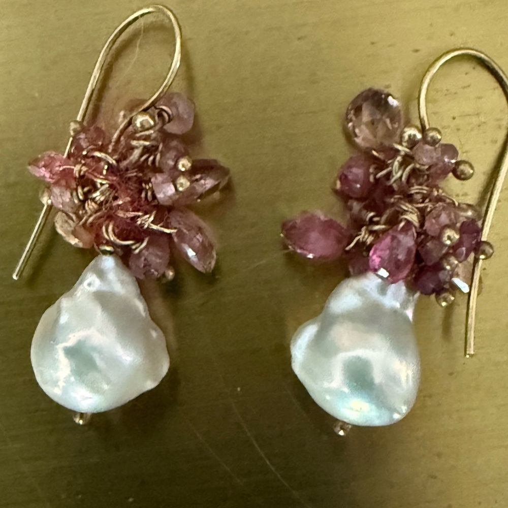 Baroque Pearl Pink Gemstone Cluster Artisan Drop Earrings
